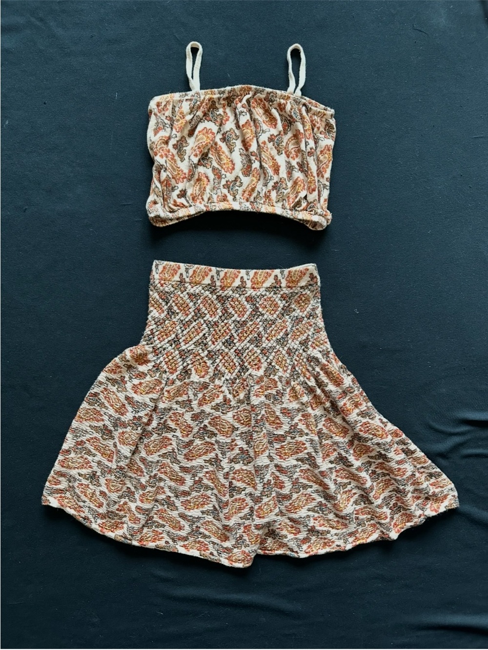 Zara Kids 12 years Cream & Rust Paisley Smocked Skirt and crop top Set